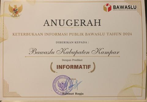 Piagam Penghargaan Anugrerah Keterbukaan Informasi Publik Bawaslu Kabupaten Kampar